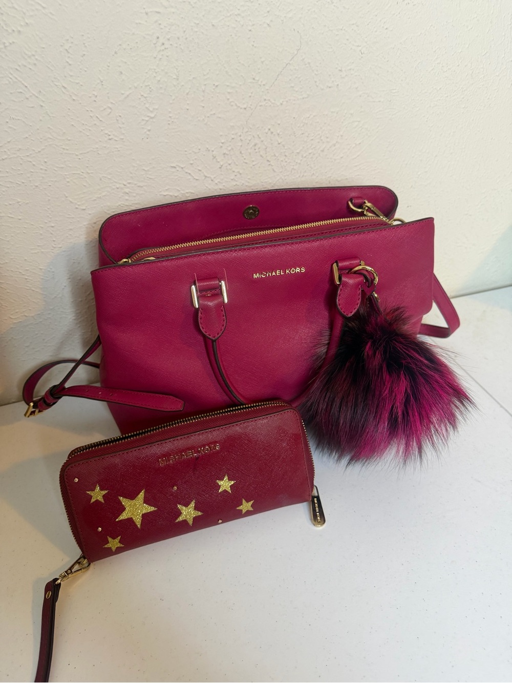 Michael Kors Collection Hot Pink Leather Shoulder Bag with Pom Pom Charm